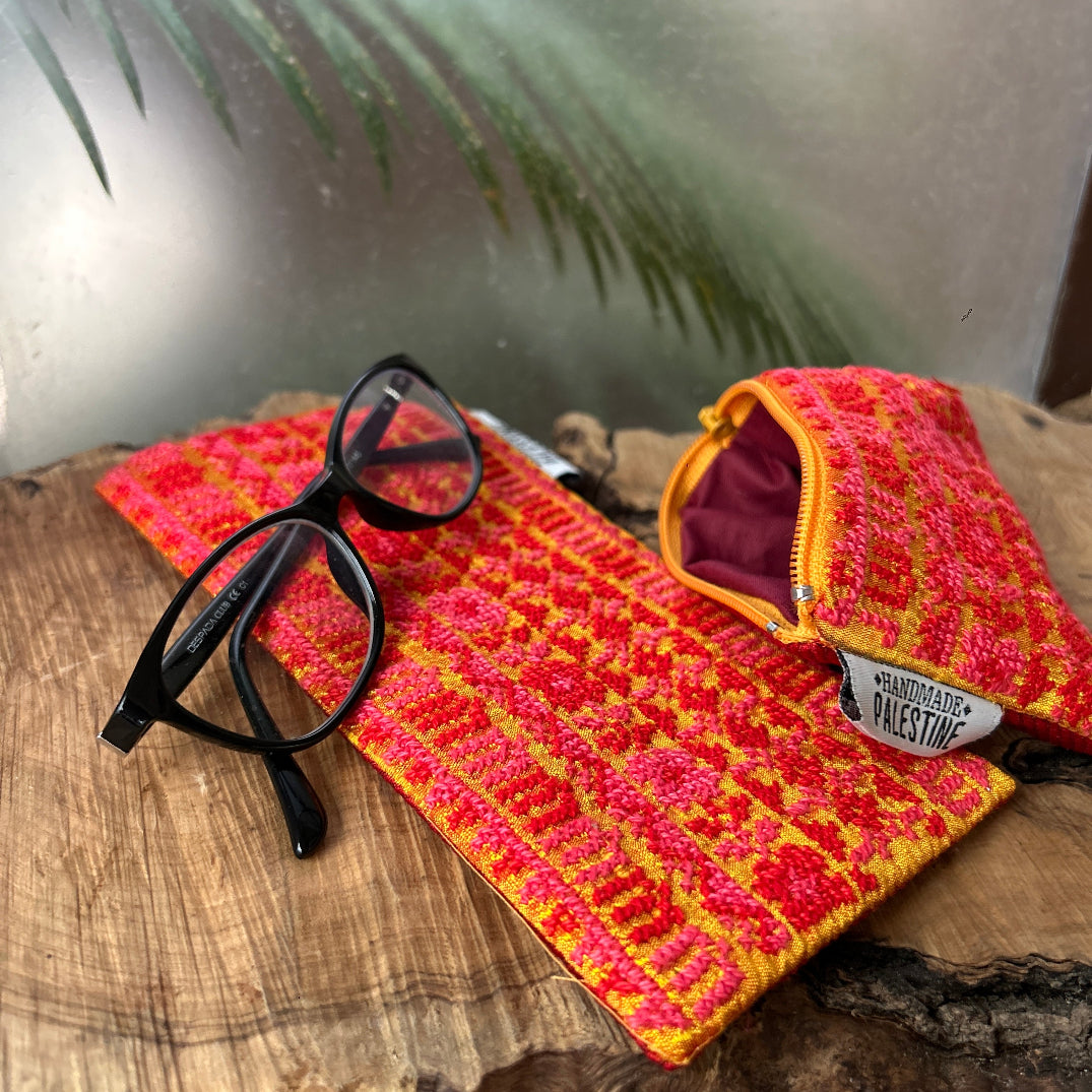 Gorgeous Full Tatreez Eye Glass Fabric Case and Coin Purse Gift Set in Pink Lemonade from Palestine