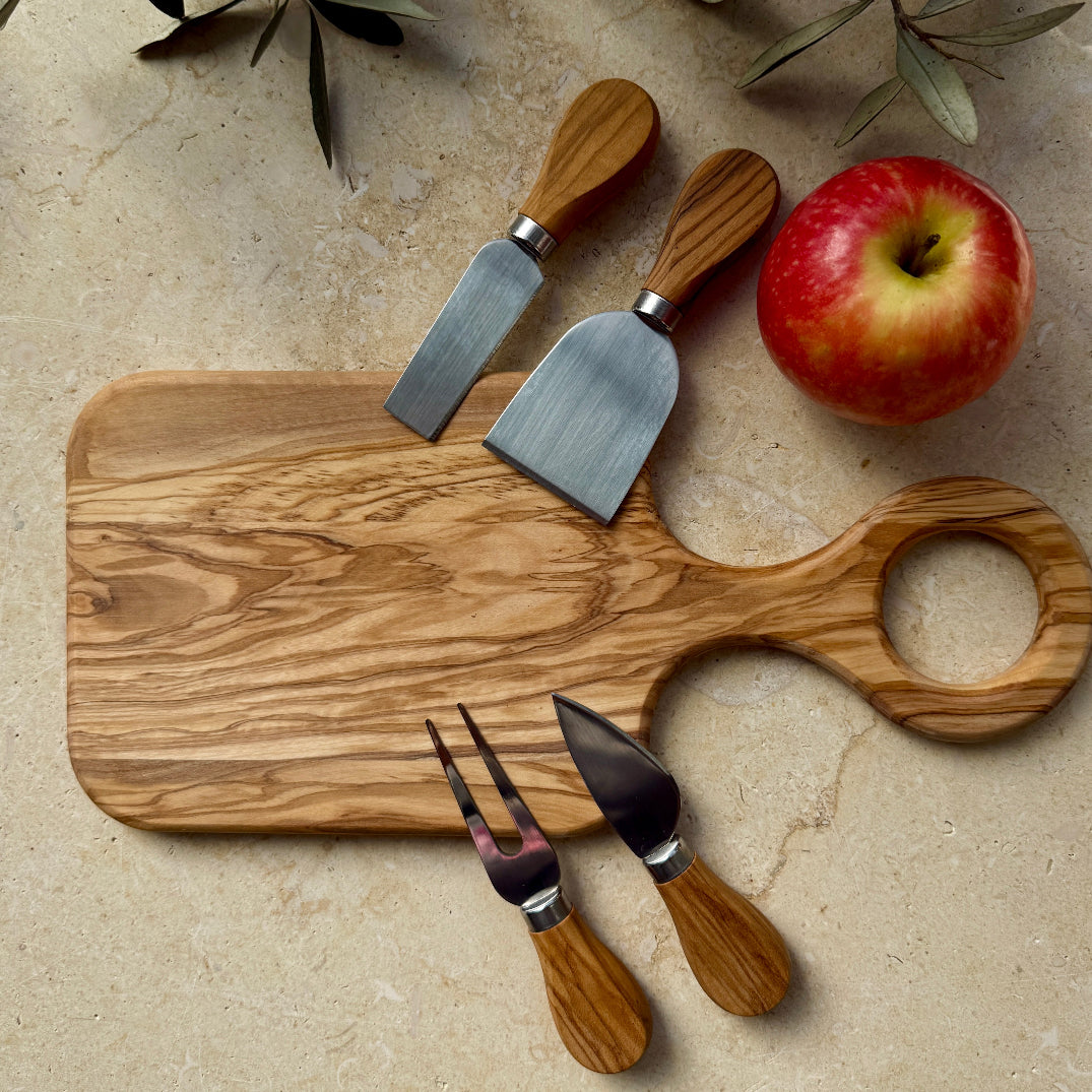 Gift Bundle: Unique Olive Wood Cheese Board with Hand Carved Olive Wood Cheese Knives Set