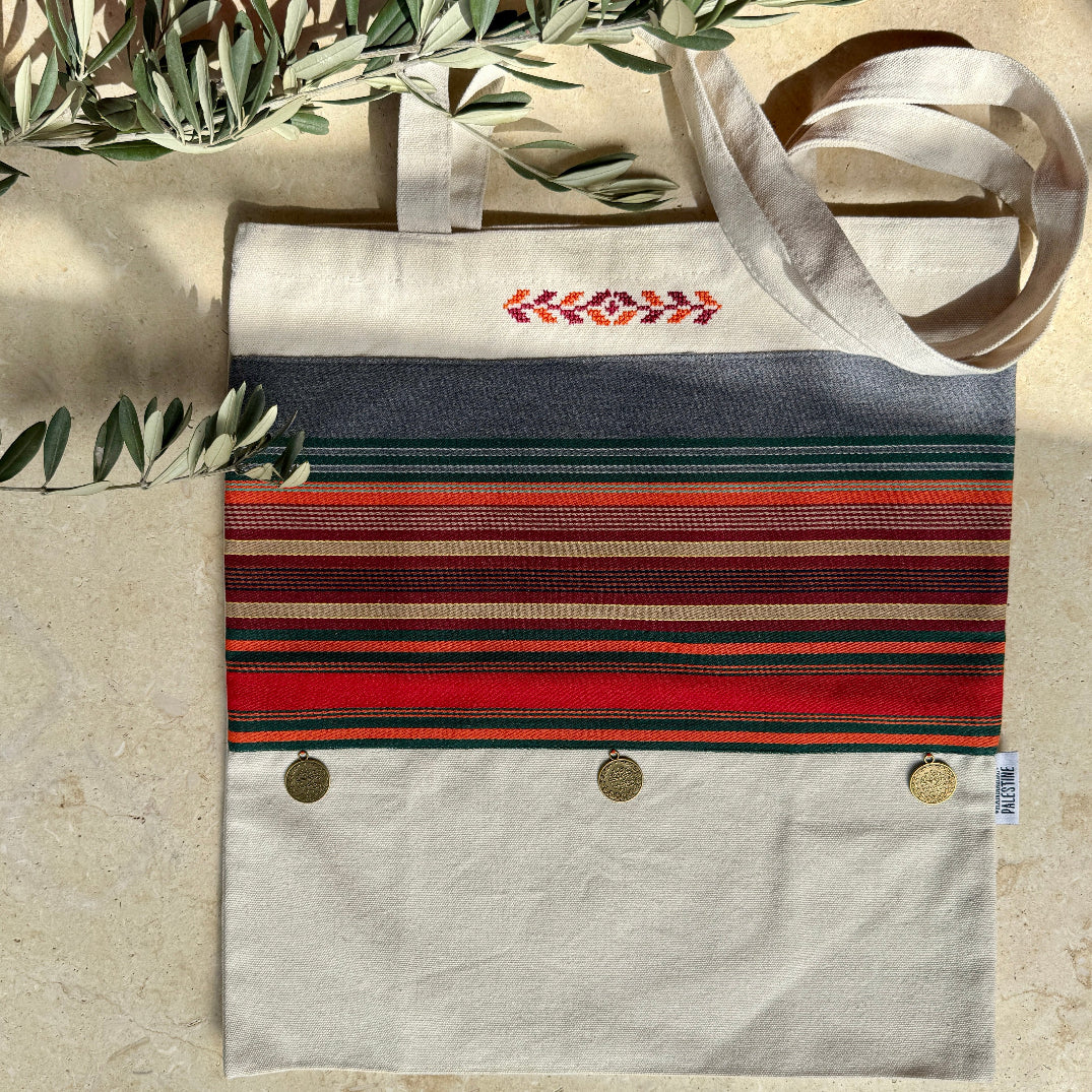 Palestinian Tatreez on Beige Tote Hand Stitched by Women Artisans in Palestine