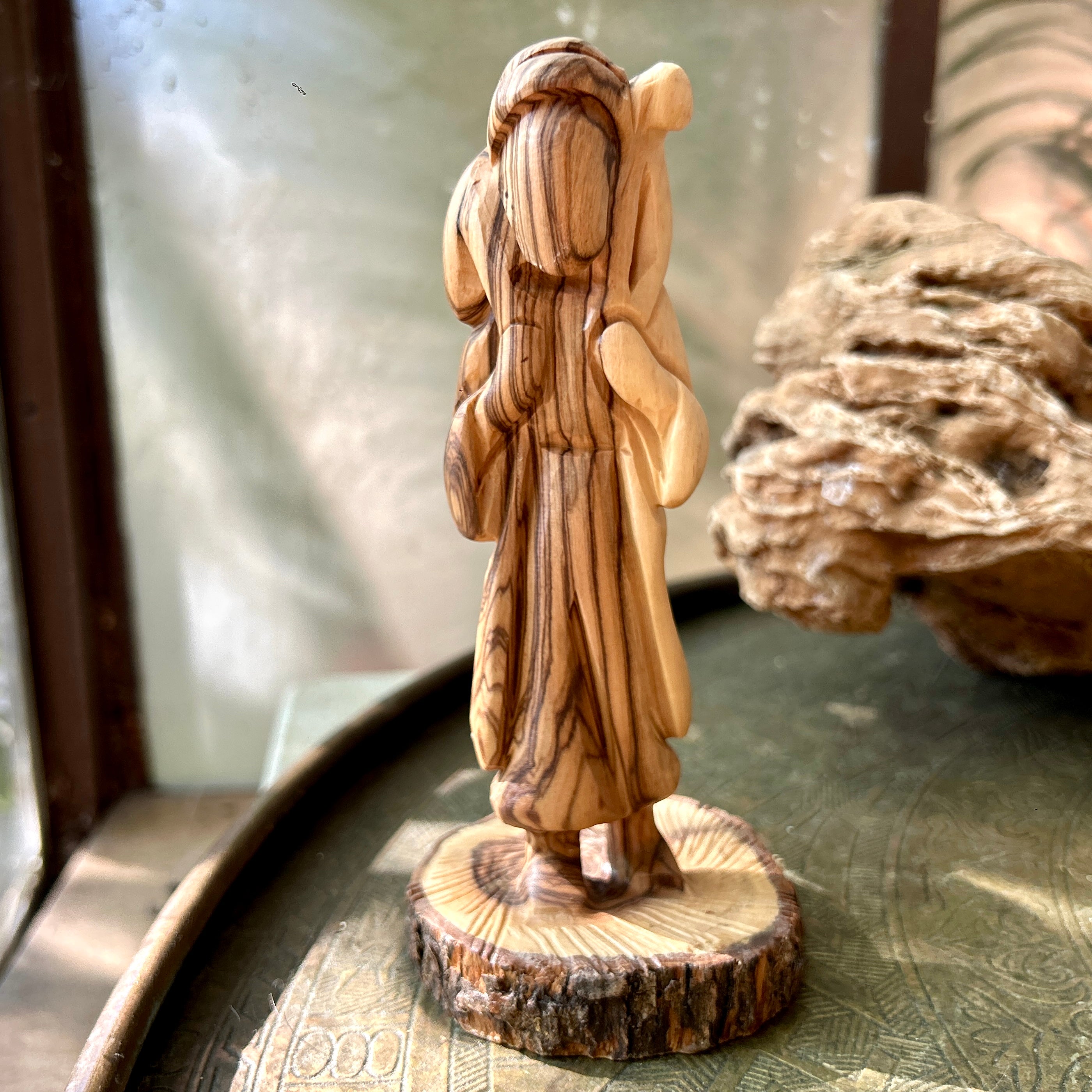 Olive Wood Carving of Shepherd from Bethlehem with Sheep | Single Piece of Wood