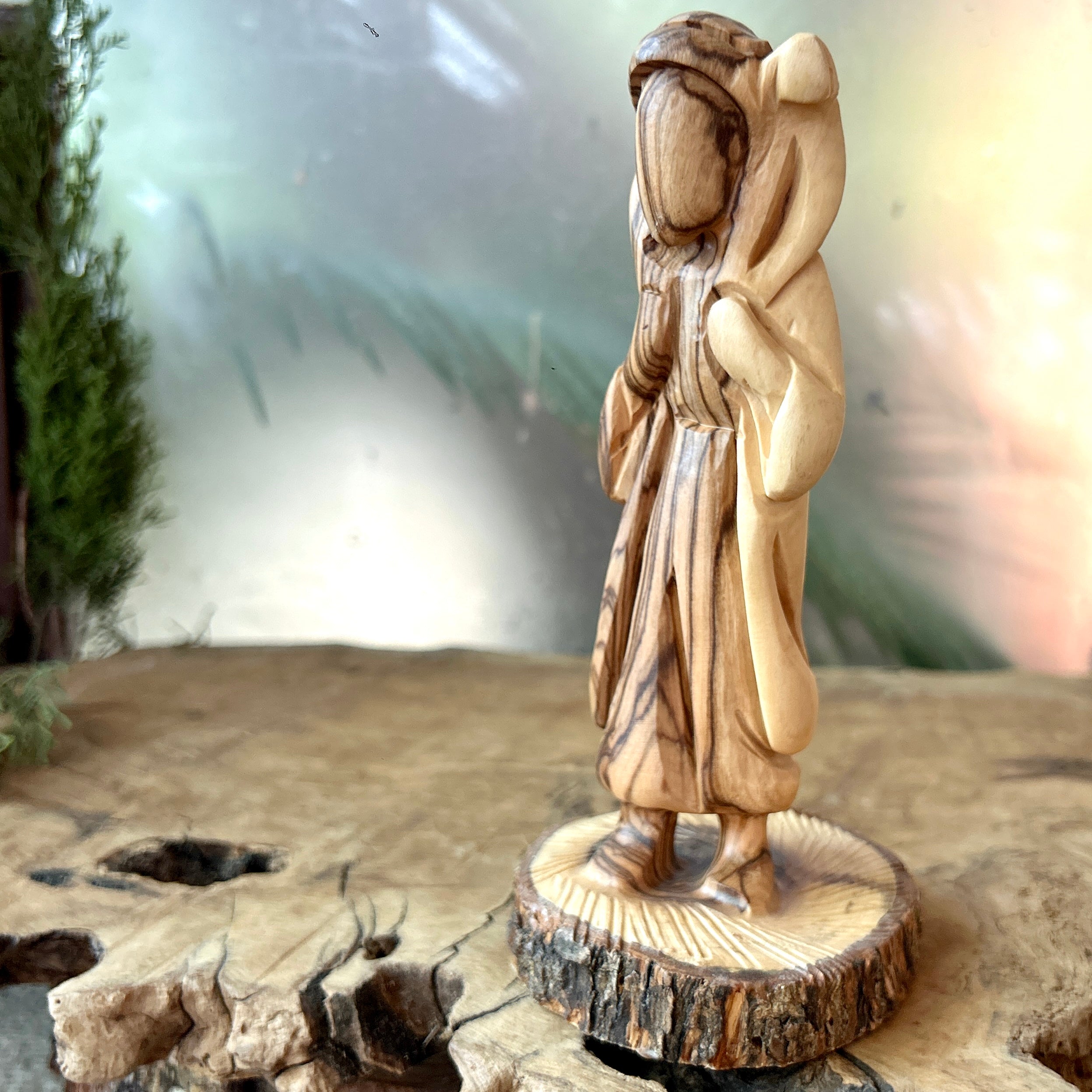 Olive Wood Carving of Shepherd from Bethlehem with Sheep | Single Piece of Wood
