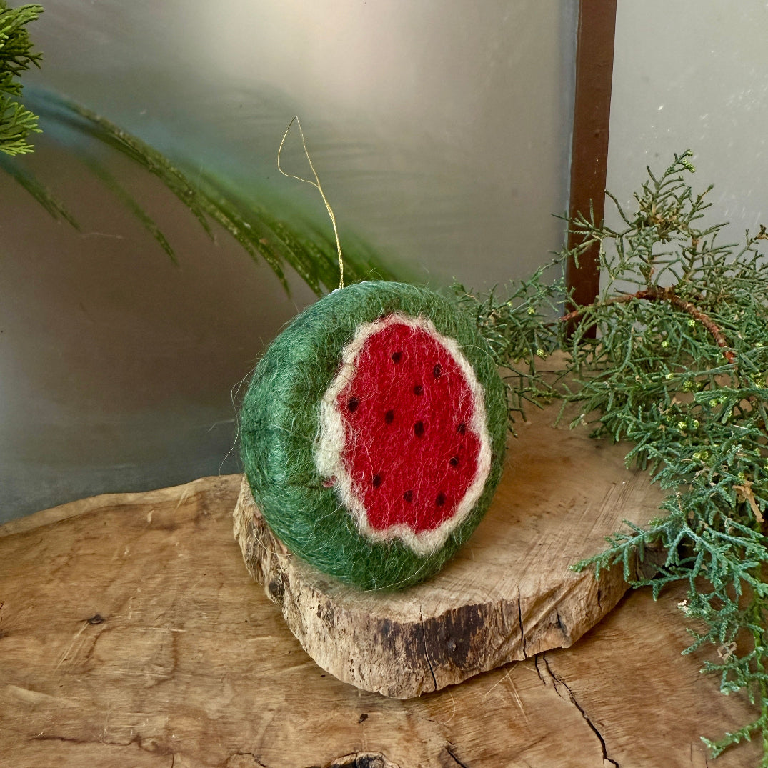 Handmade Watermelon Christmas Tree Ornament from Hand Felted Wool | Ornaments Handcrafted in Bethlehem