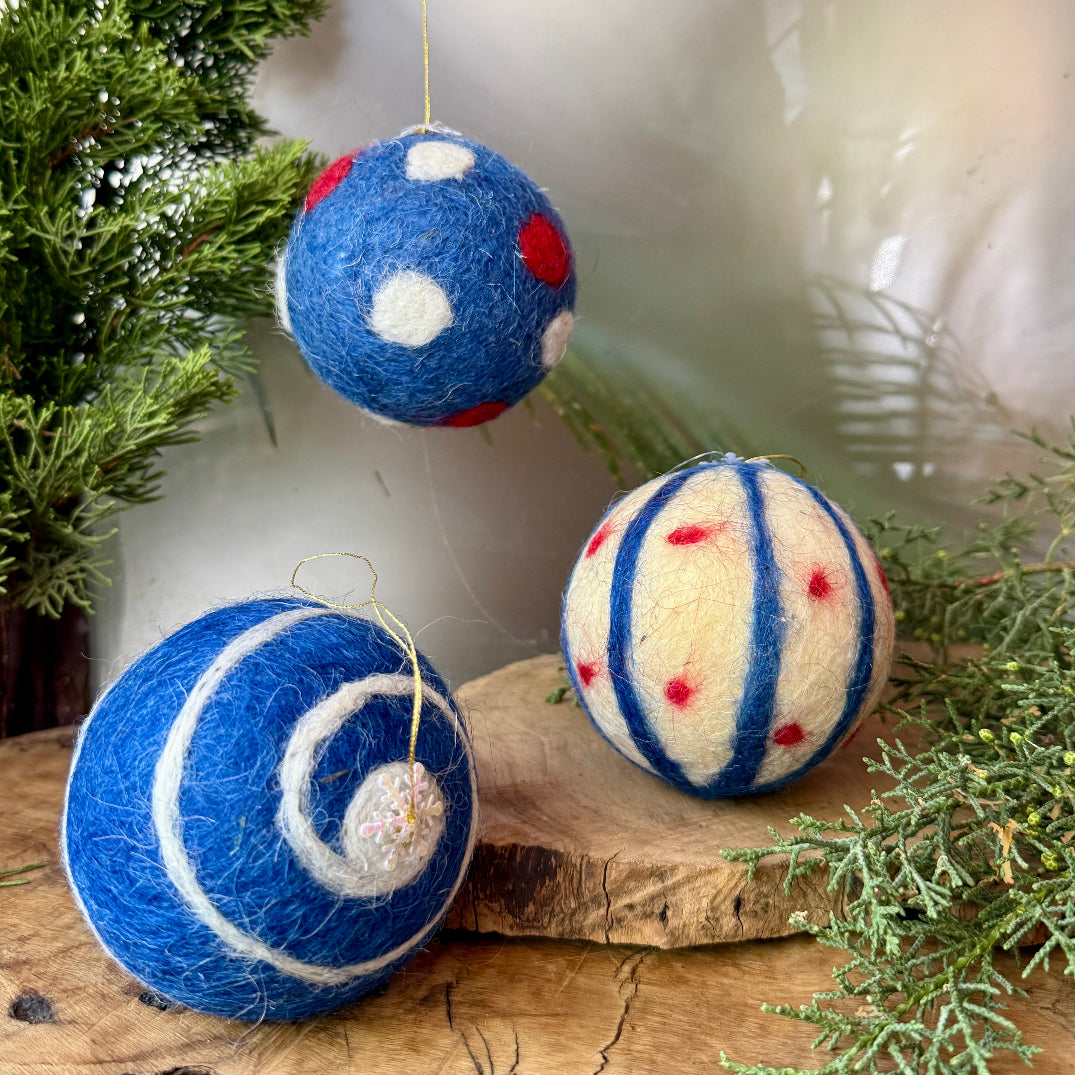 Hand Crafted Felted Wool Christmas Balls | Set of 3 Baubles | Ornaments Handcrafted from Bethlehem