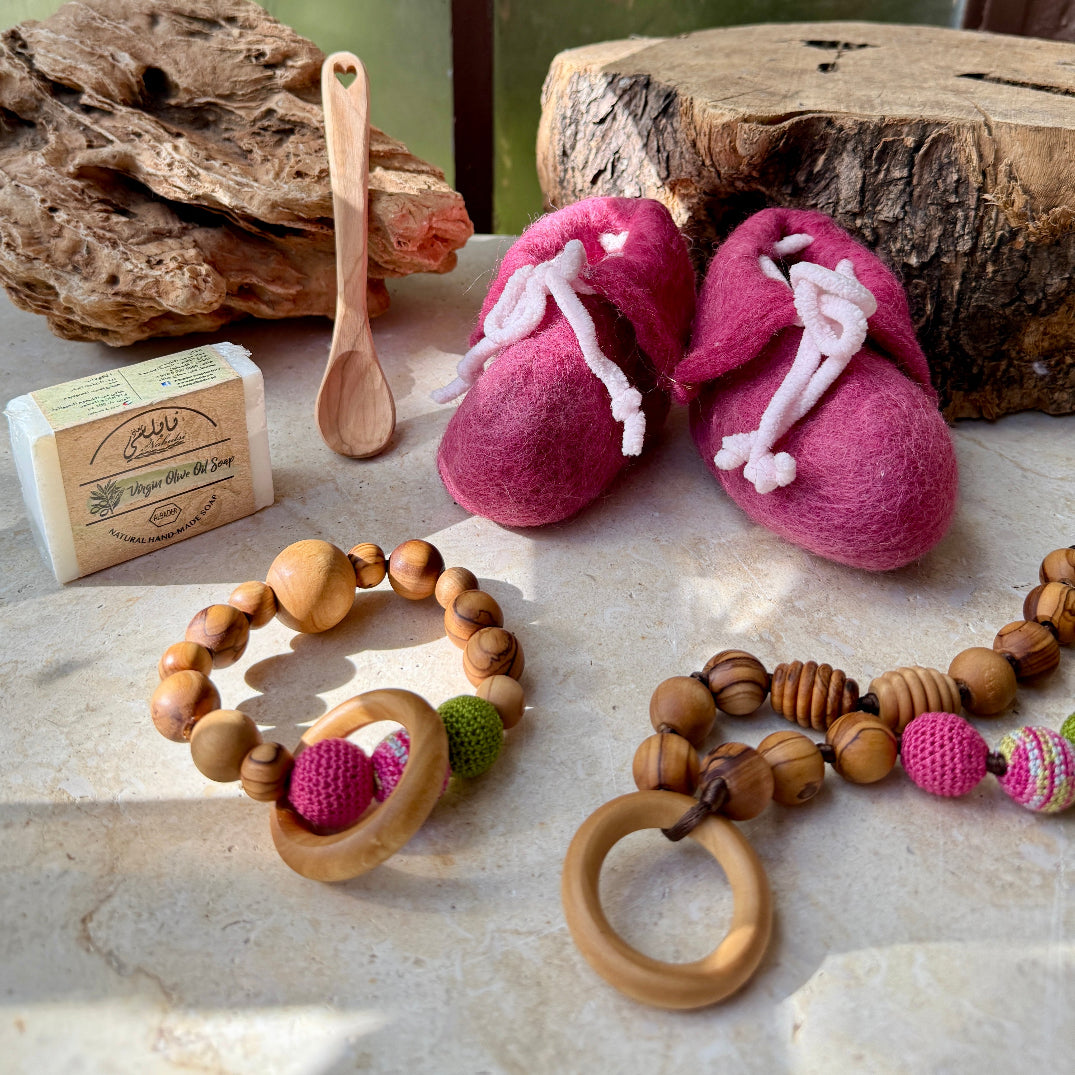 All Natural Baby Shower Gift Bundle | Hand Crafted Teething Ring & Baby Booties