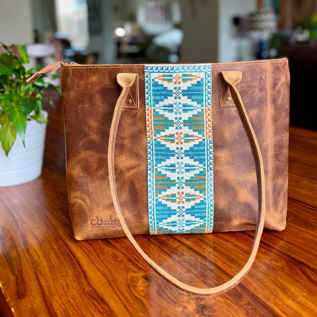 Leather Tote with Palestinian Tatreez Hand Made in Palestine