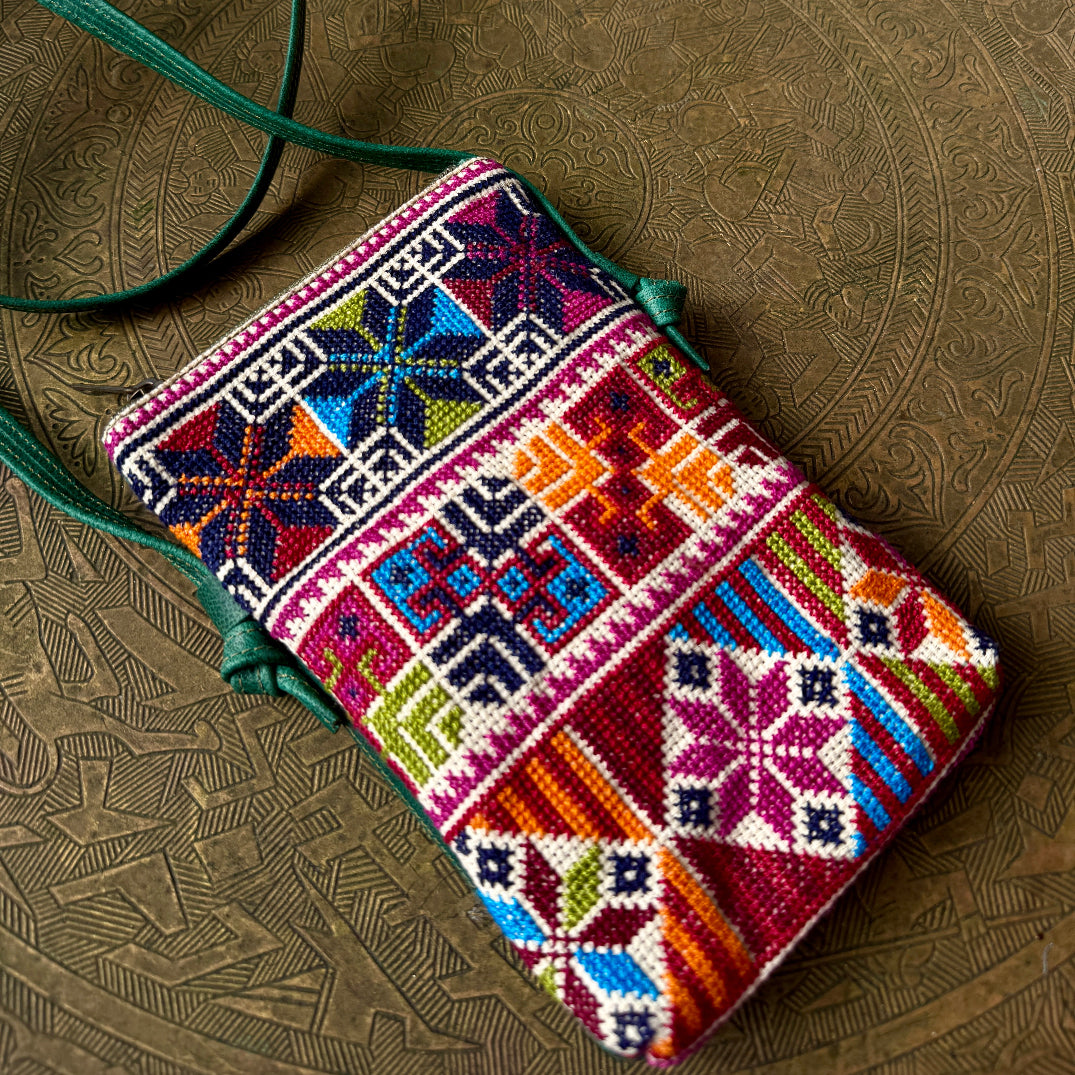 Travel Crossbody Pouch with Traditional Palestinian Tatreez and Leather | Passport Pouch
