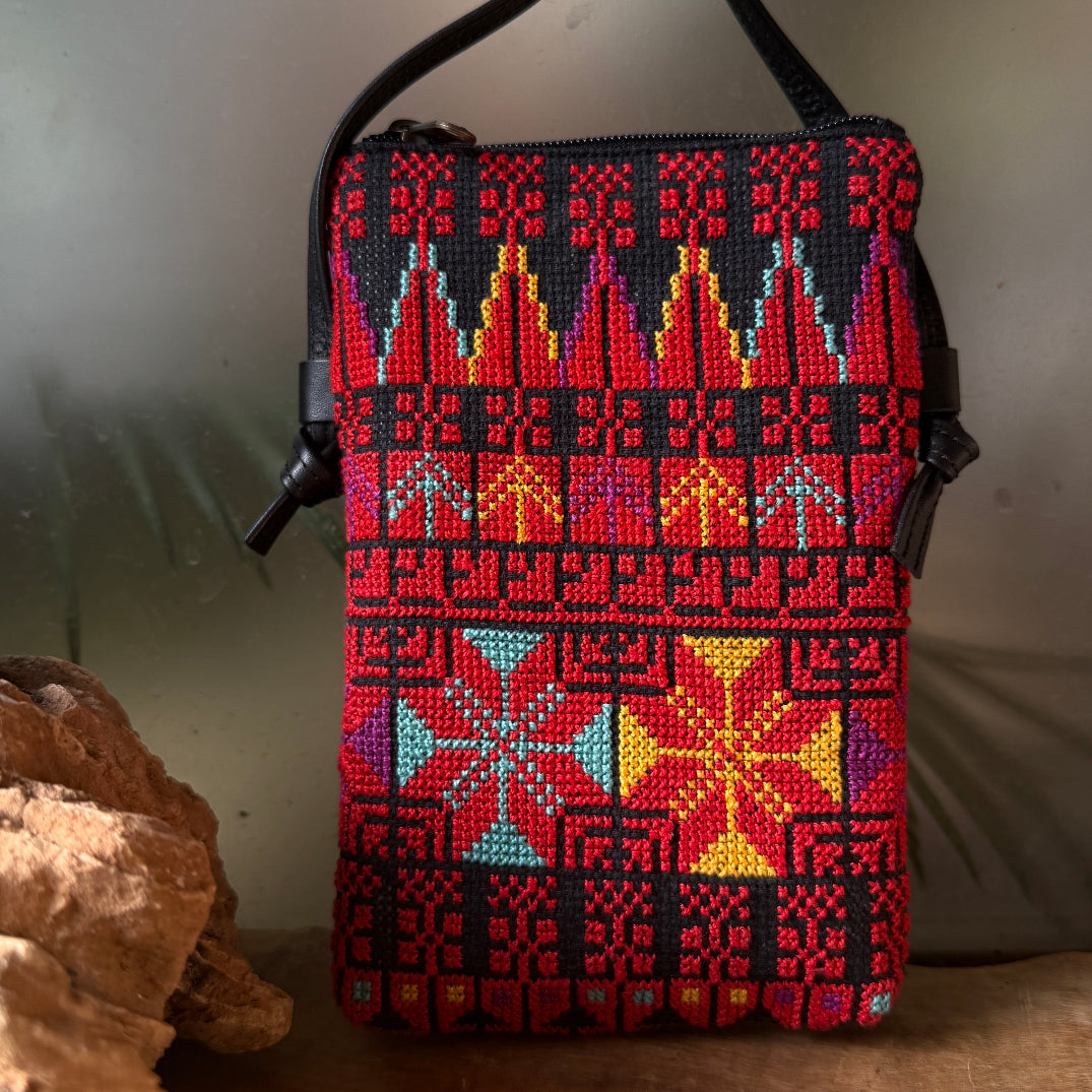 Travel Crossbody Pouch with Traditional Palestinian Tatreez and Leather | Passport Pouch