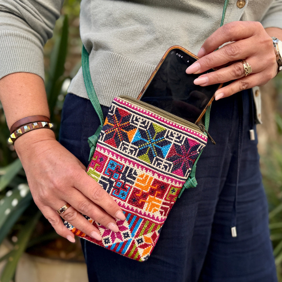 Travel Crossbody Pouch with Traditional Palestinian Tatreez and Leather | Passport Pouch - Handmade Palestine | Fairly Traded & Handcrafted Gifts