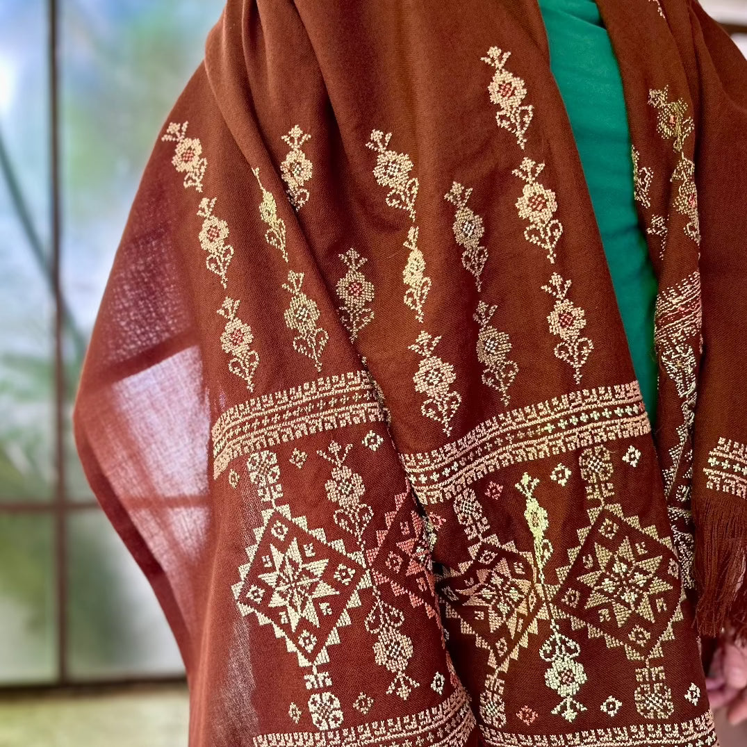 Traditional Palestinian Tatreez Shawl | Hand Embroidered in Palestine | Brown Najaf with Sage and Pinks