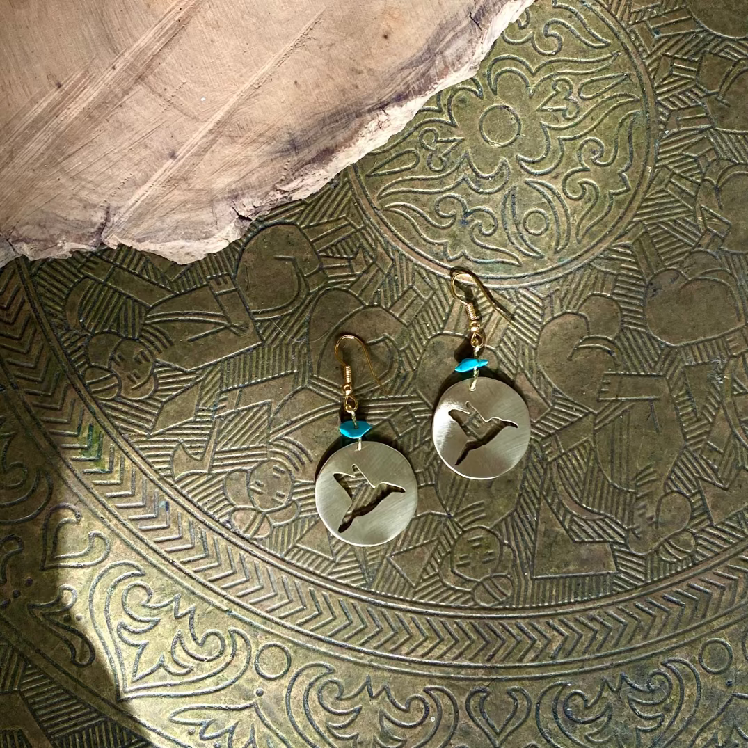 Sunbird of Palestine Brass Earrings with Blue Beads | Handmade Jewelry from Palestine