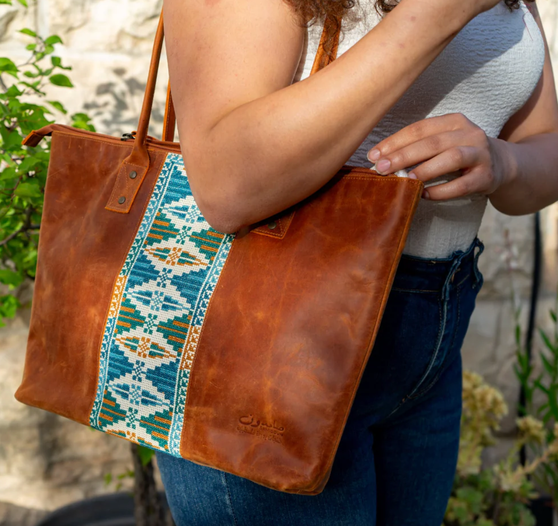 Leather Tote with Palestinian Tatreez Hand Made in Palestine
