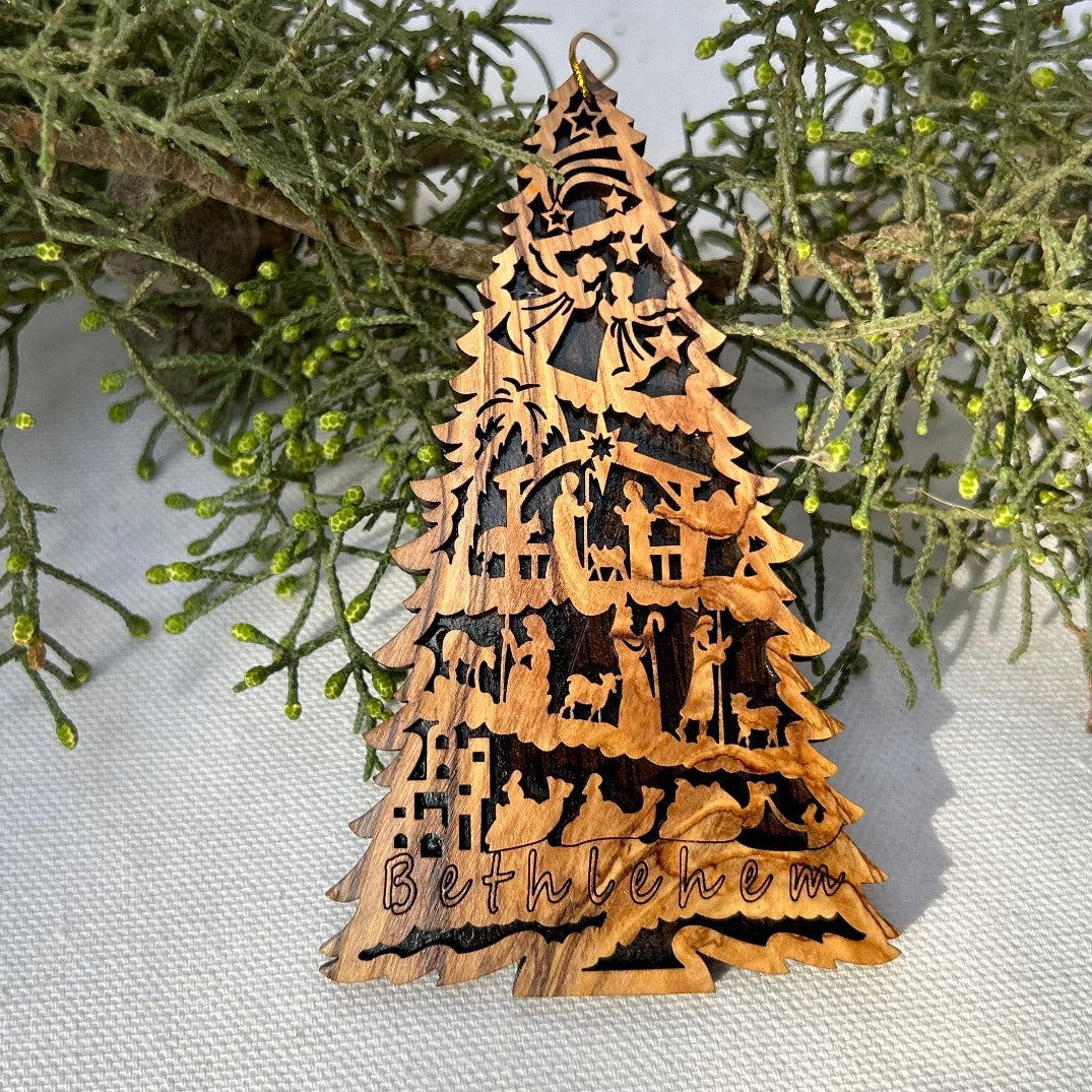 Holiday - Nativity Scene Christmas Tree From Bethlehem - Wood Ornament