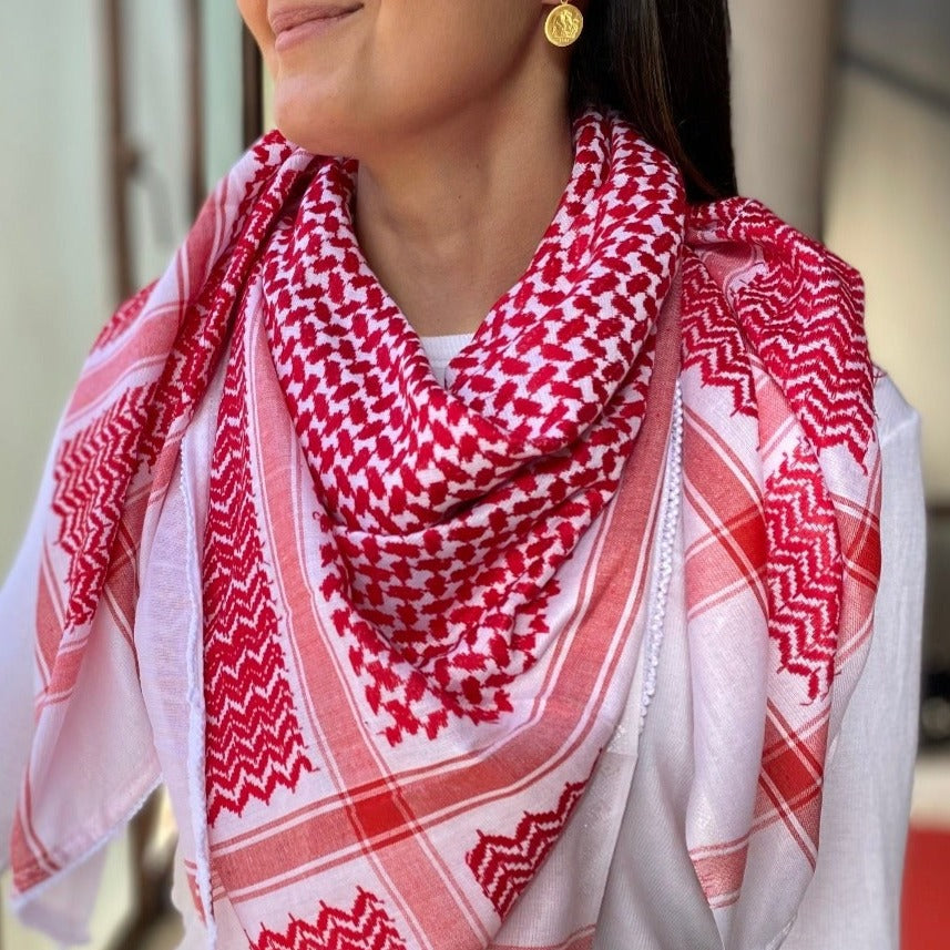 Traditional Arafat Keffiyeh From Palestinian Factory In Red On White