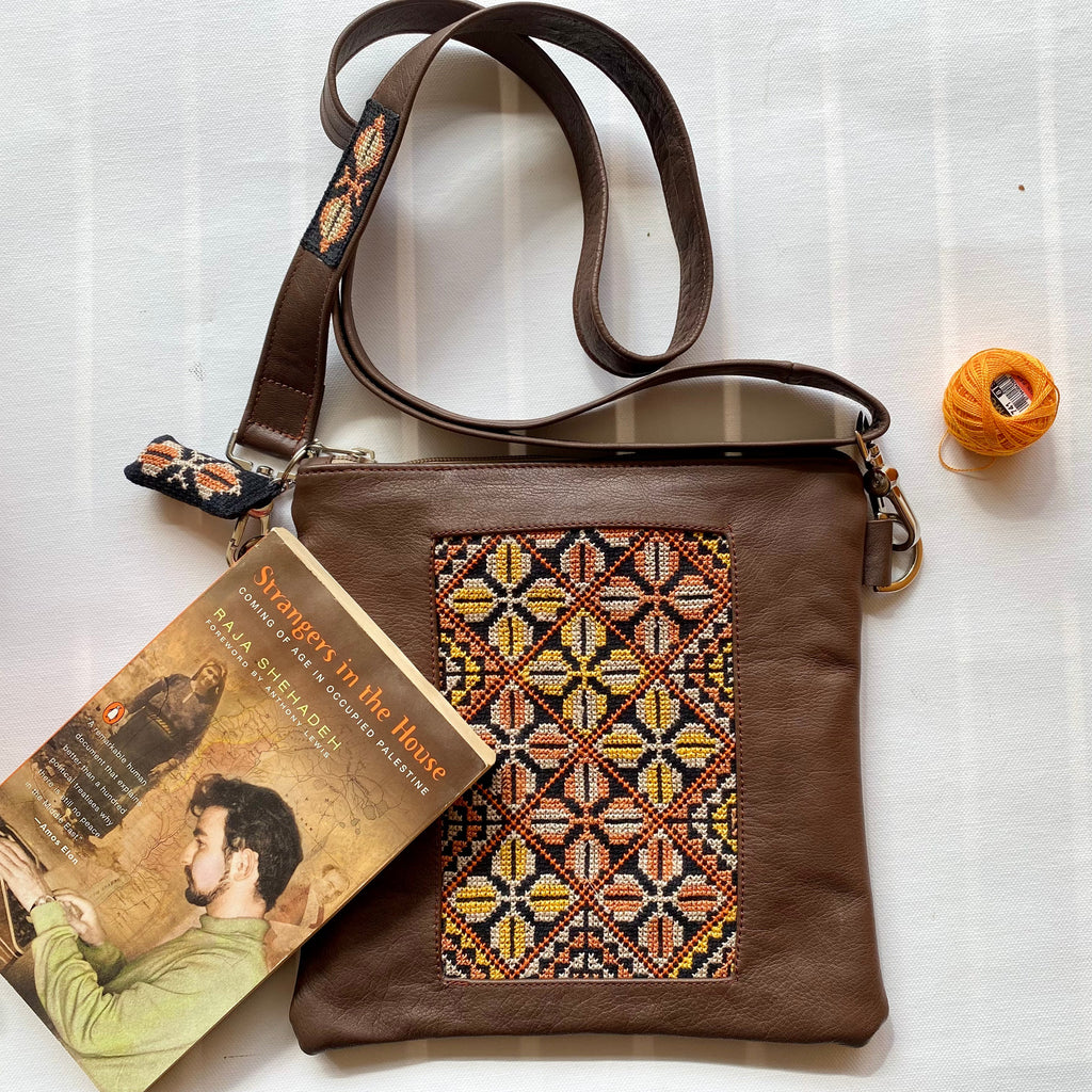 Palestinian Embroidery and Suede Crossbody Tote Bag with Tatreez