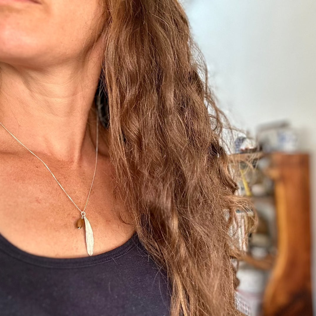 Silver Jewelry - Holy Land Olive Leaf Necklace With Olive Wood Bead | Handcrafted In Bethlehem