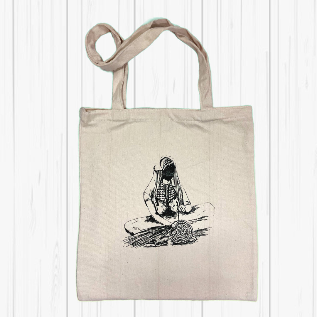 Tote - Hajja With Saniya On Palestinian Made Mansouri Fabric Tote Bag With Palestinian Art