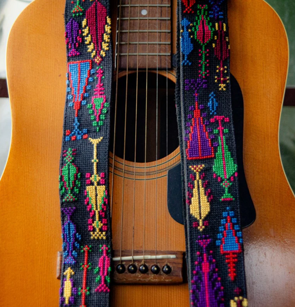 Guitar strap with bright tatreez embroidery