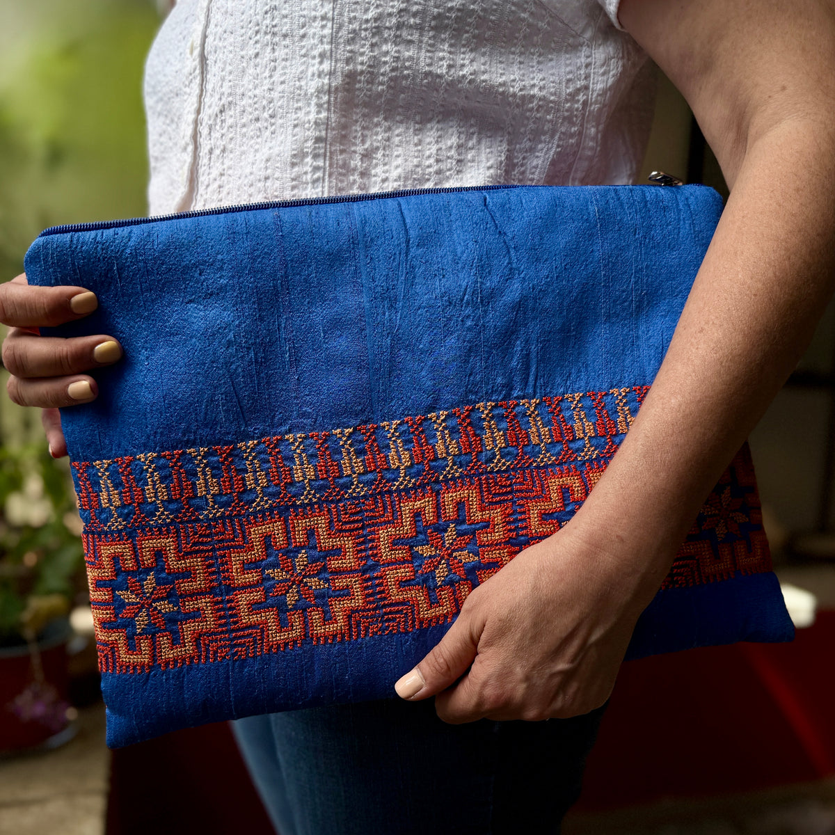 Traditional Tatreez Orange and Blue Laptop Sleeve | Hand Crafted Computer Case from Palestine