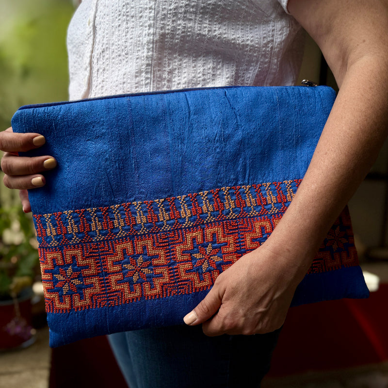Traditional Tatreez Orange and Blue Laptop Sleeve | Hand Crafted Computer Case from Palestine