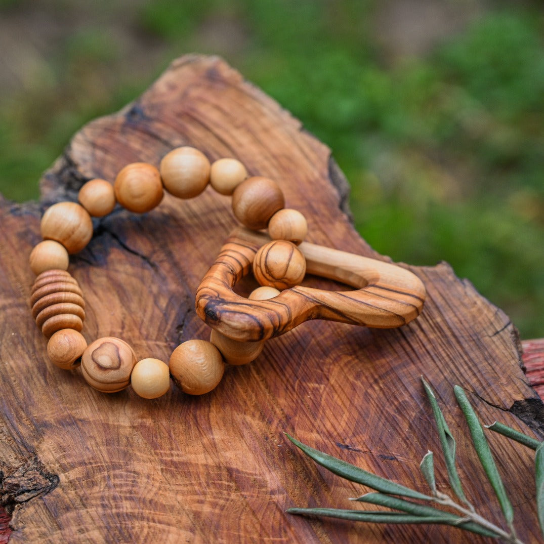 Natural, Safe Olive Wood Nursing Bracelet with Chewing Pendant | Wooden Heart