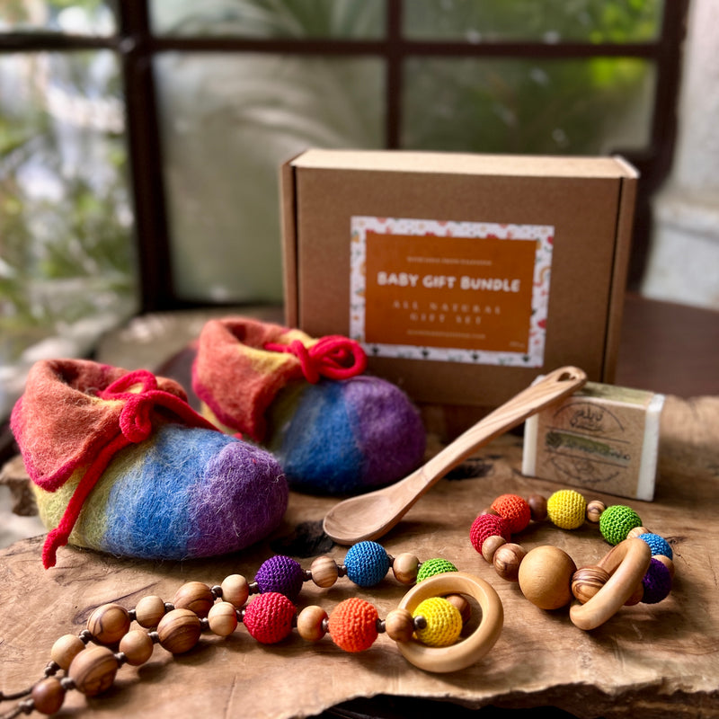 All Natural Baby Shower Gift Bundle | Hand Crafted Teething Ring & Baby Booties
