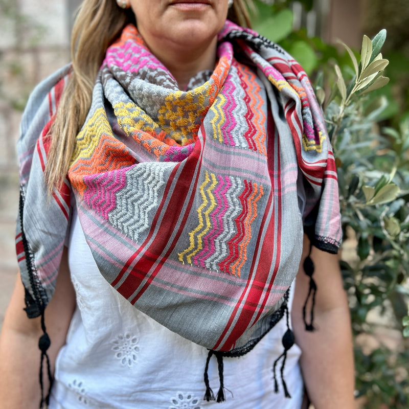 Traditional Palestinian Keffiyeh from Palestinian Factory in Multi Color on Dark Fabric