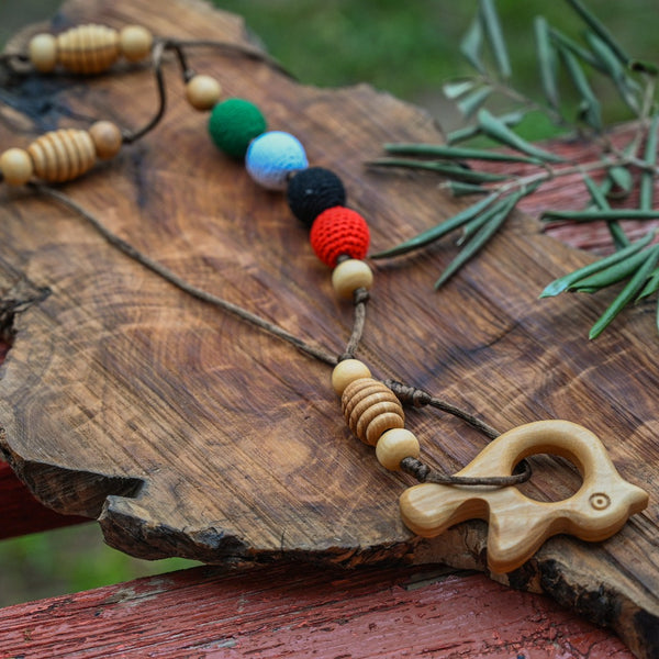 New Mama Gift - Palestinian Colors Olive Wood Teething Necklace with Dove