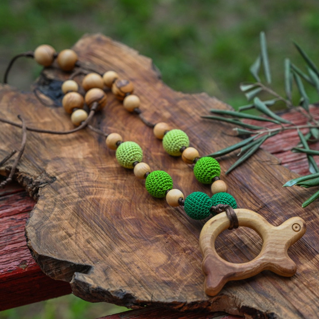 All Natural Wooden Teething Necklace with Green Turtle | New Mama Gift