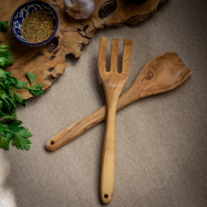 Olive Wood Fork and Spoon Set | Large Salad Utensils | Hand Carved in Bethlehem