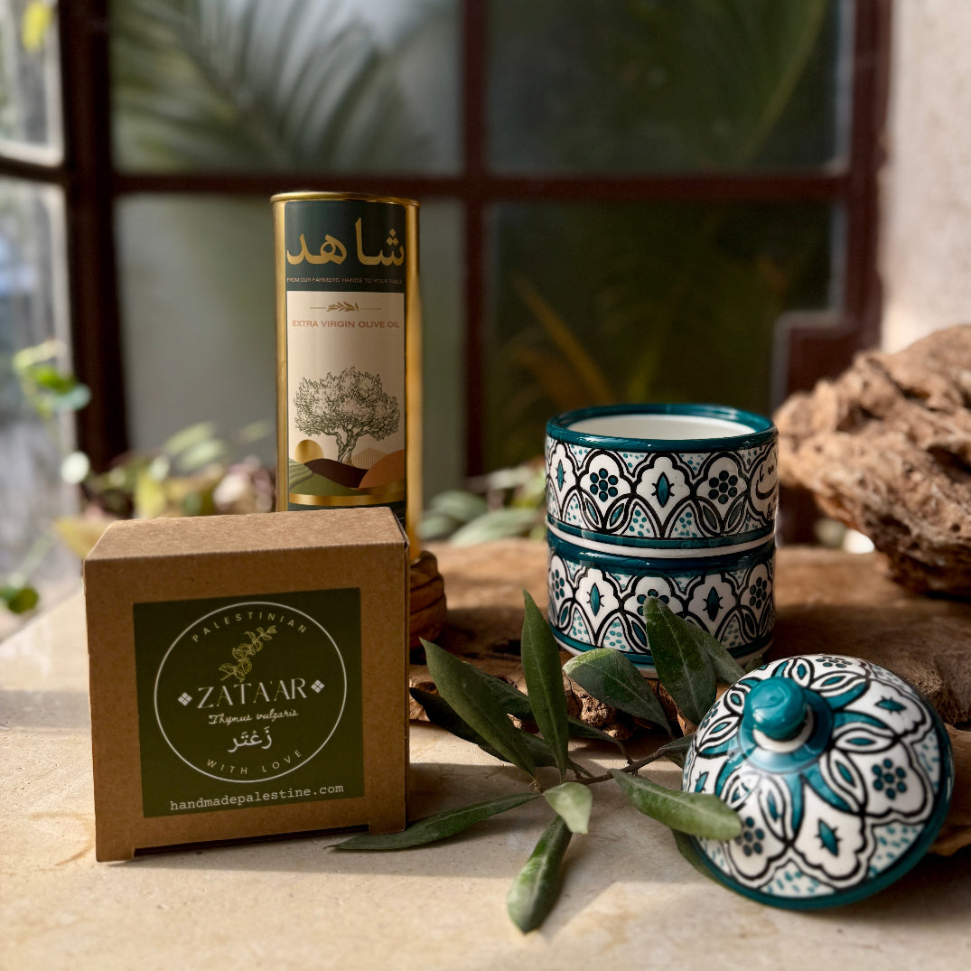 Gift Bundle: Ceramic Stackable Olive Leaf Zeit o Zataar Set from Hebron