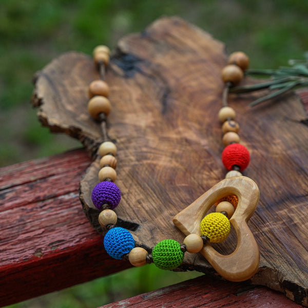 Nursing Necklace for Mamas and Babies - All Natural Olive Wood with Rainbow Colors and Heart