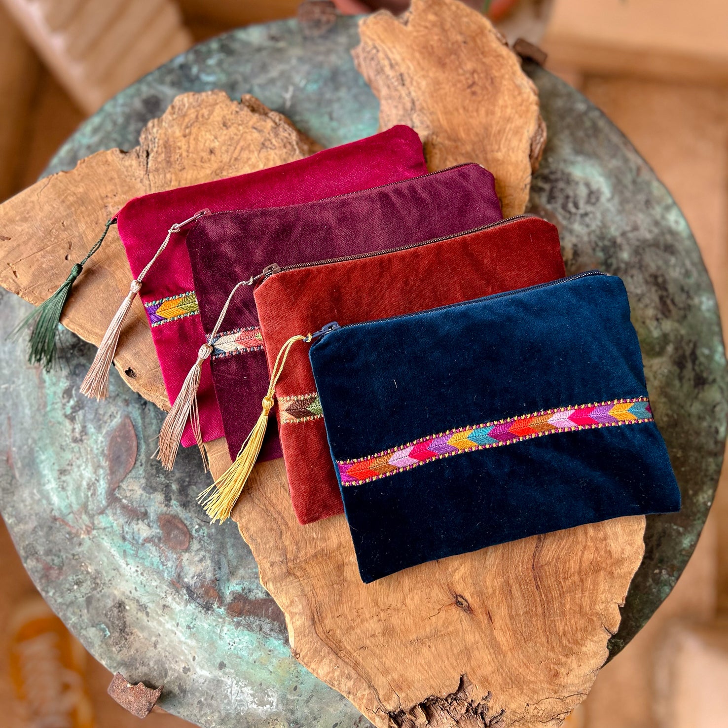 Hand Crafted Palestinian Embroidered Pouch | Tatreez Bag in Velvet with Traditional Sabayel