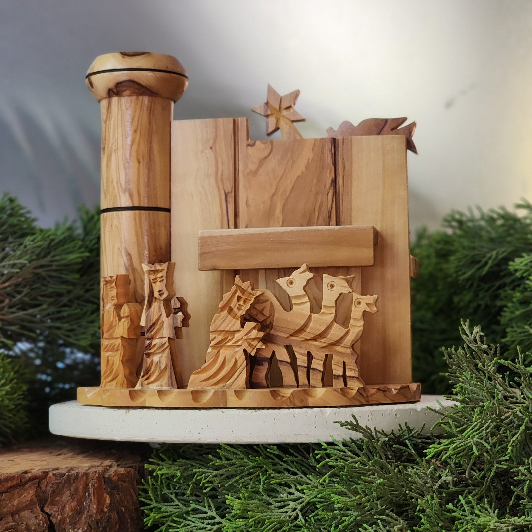 Small Olive Wood Nativity from Bethlehem | Modern Day Nativity with Watchtower