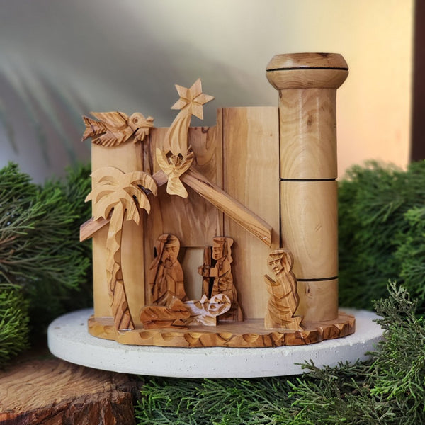 Small Olive Wood Nativity from Bethlehem | Modern Day Nativity with Watchtower Fairtrade Gifts from Palestine | Handmade Palestine 