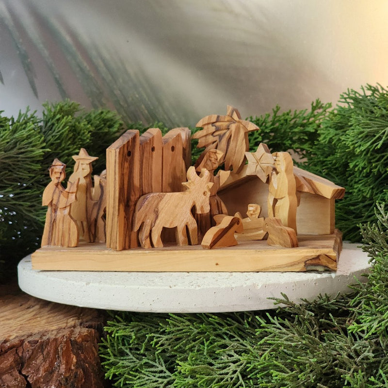 Olive Wood Nativity from Bethlehem | Modern Day Nativity with Apartheid Wall