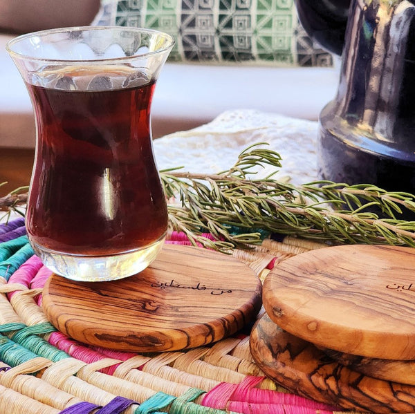 Olive Wood Coasters "Min Falasteen" Engraved | Set of 4 | Handcrafted from Bethlehem Fairtrade Gifts from Palestine | Handmade Palestine 