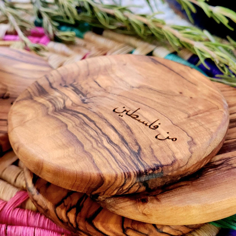 Olive Wood Coasters "Min Falasteen" Engraved | Set of 4 | Handcrafted from Bethlehem