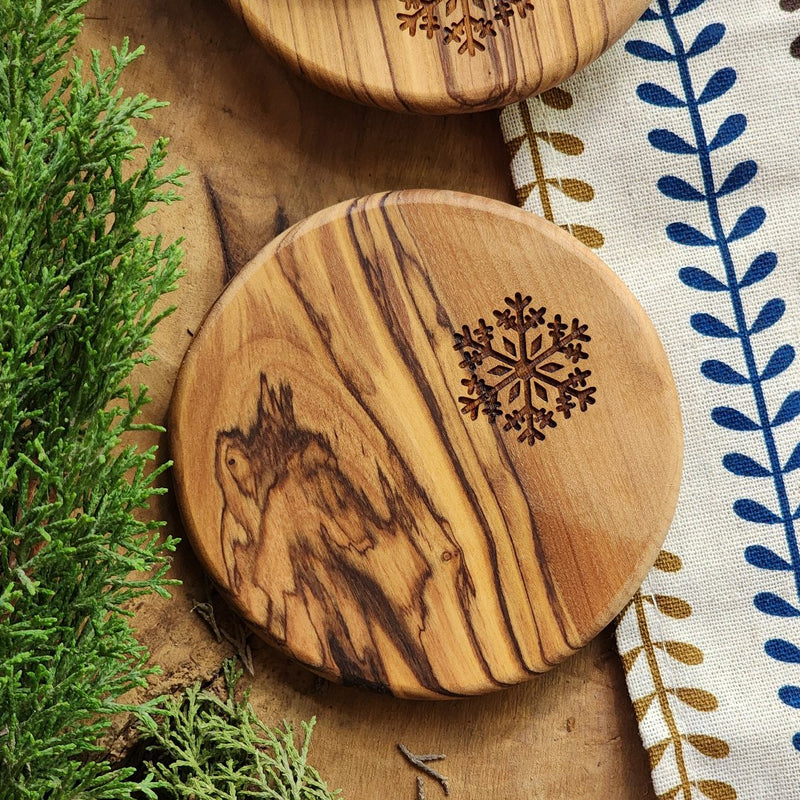 Olive Wood Coasters with Snowflake | Set of 4 | Handmade in Bethlehem