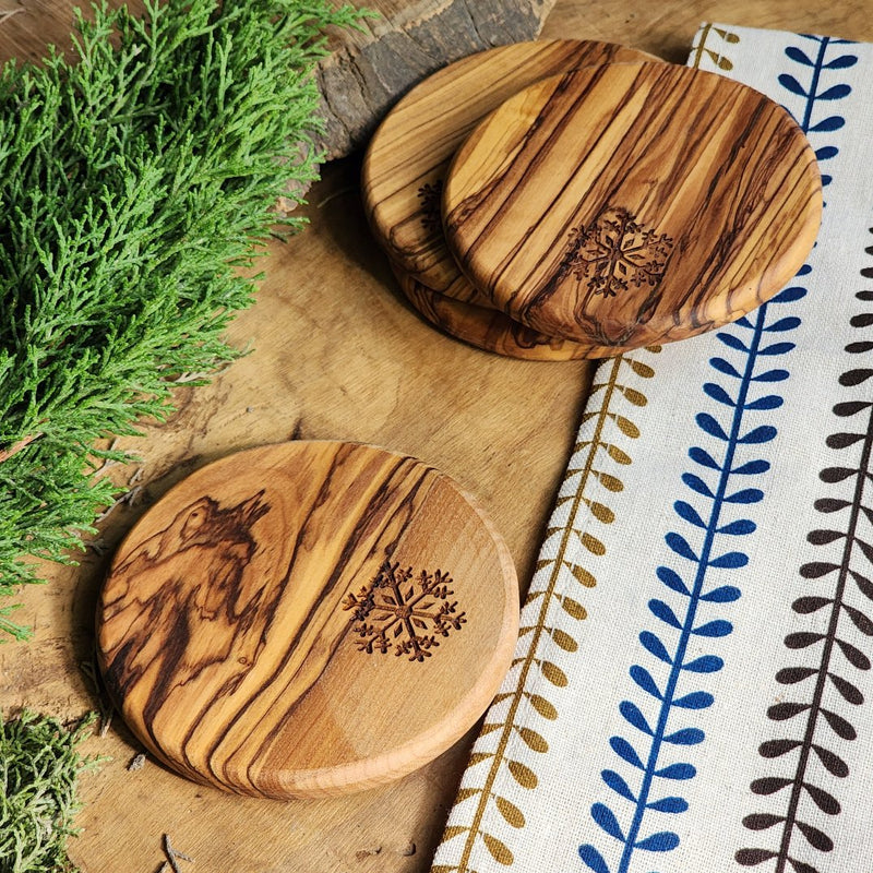 Olive Wood Coasters with Snowflake | Set of 4 | Handmade in Bethlehem