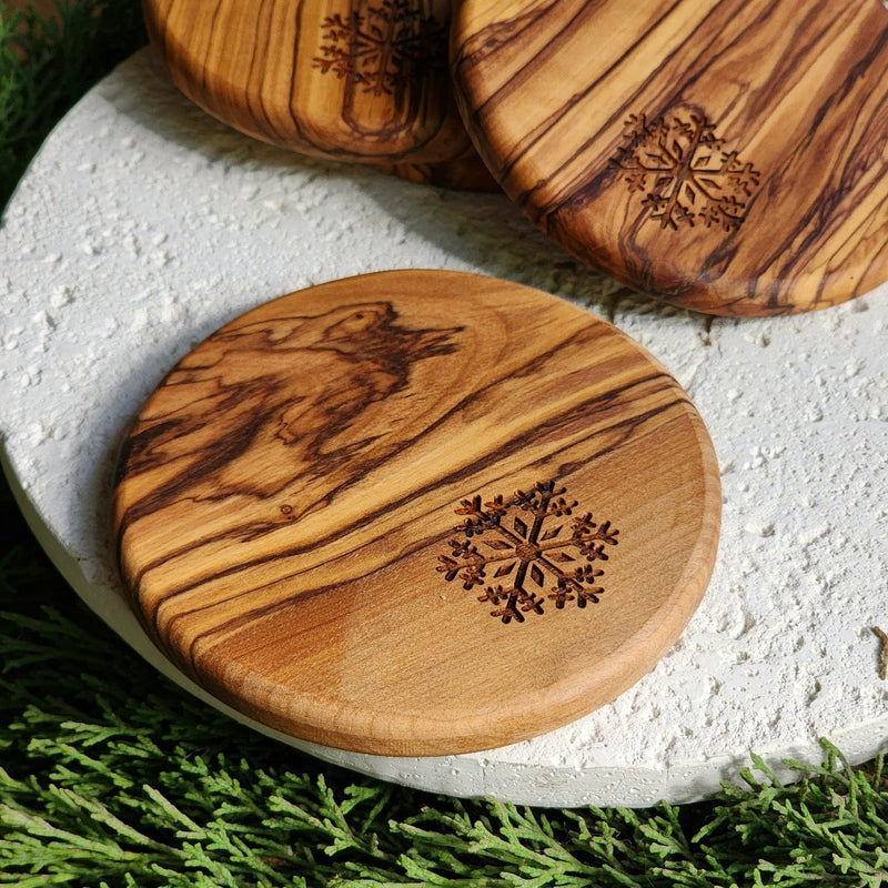 Olive Wood Coasters with Snowflake | Set of 4 | Handmade in Bethlehem