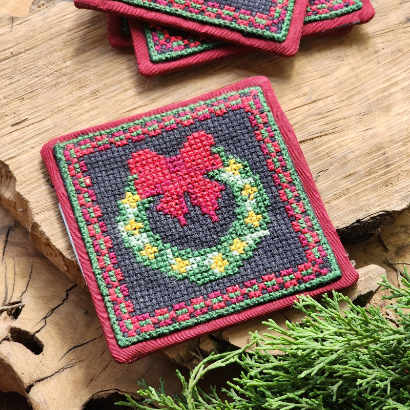 Palestinian Hand Embroidered Fabric Christmas Coasters with Tatreez | Set of 4