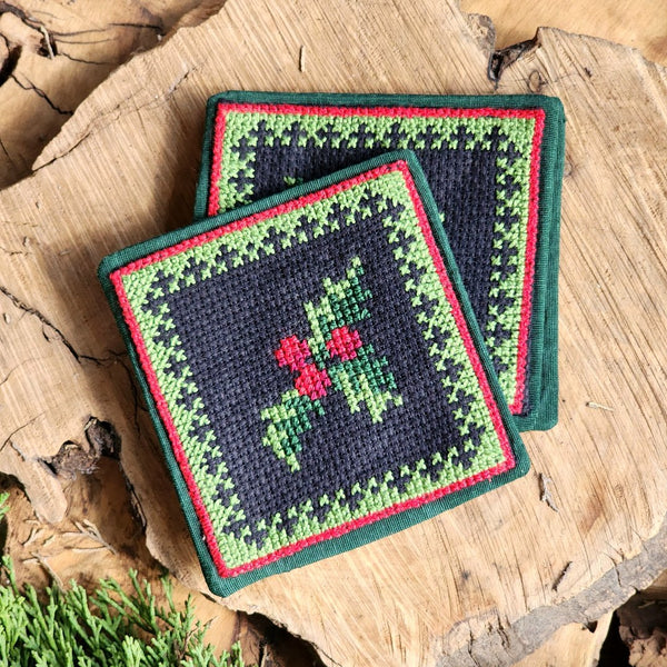 Palestinian Hand Embroidered Fabric Christmas Coasters with Tatreez | Set of 4 Fairtrade Gifts from Palestine | Handmade Palestine 