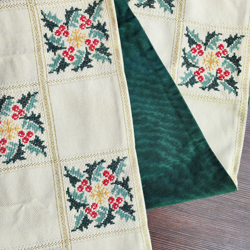 Stunning Hand Embroidered Holiday Table Runner with Holly on Gold from Palestine