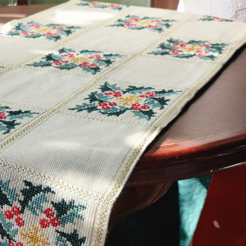 Stunning Hand Embroidered Holiday Table Runner with Holly on Gold from Palestine