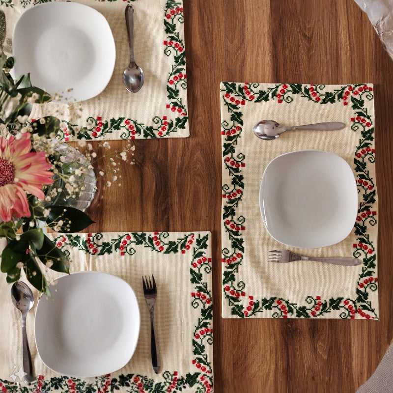 Set of 4 Palestinian Tatreez Holiday Placemats | Unique Christmas Decor from Palestine