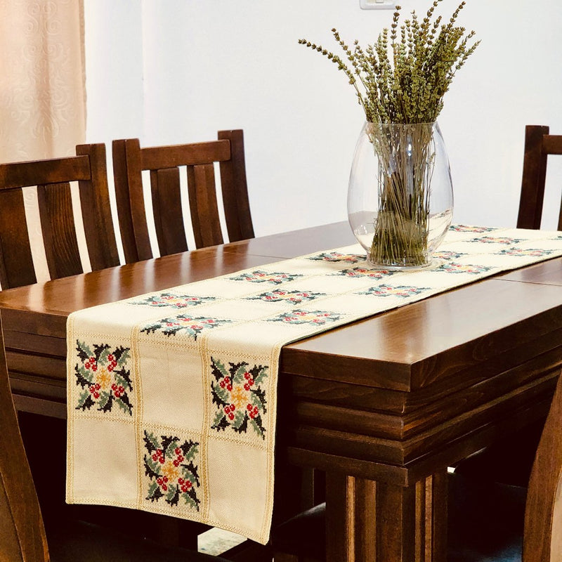 Stunning Hand Embroidered Holiday Table Runner with Holly on Gold from Palestine