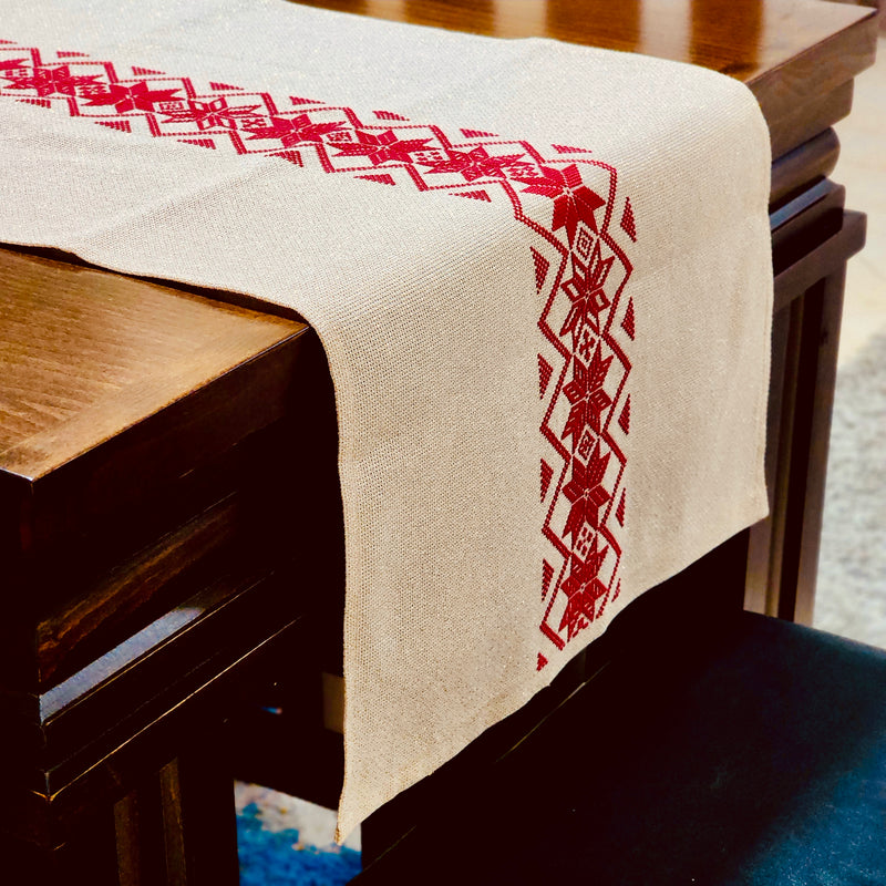 Stunning Hand Embroidered Holiday Table Runner with Palestinian Tatreez in Red and Gold