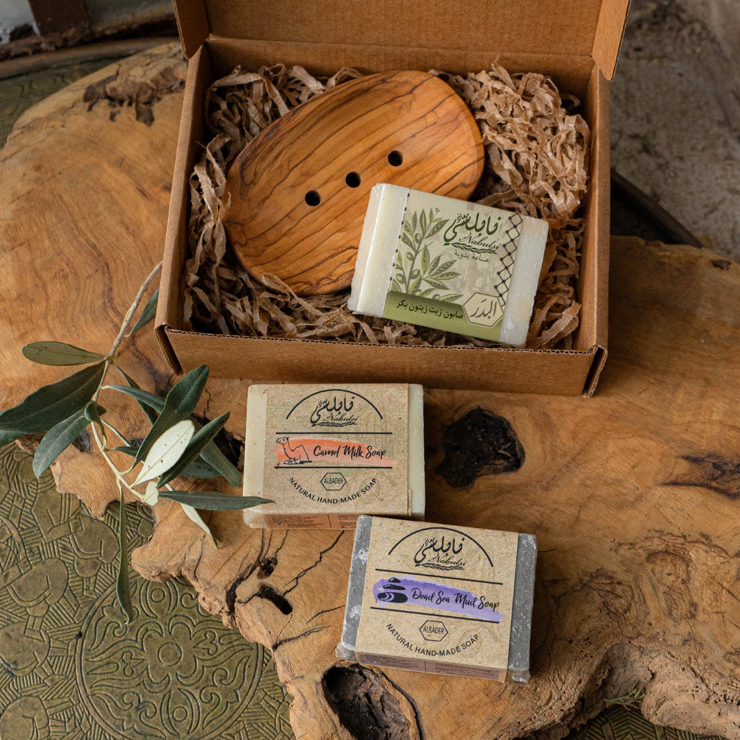 Palestinian Soap Sampler | Bath Gift Box | Palestinian Olive Oil Soaps and Olive Wood Dish