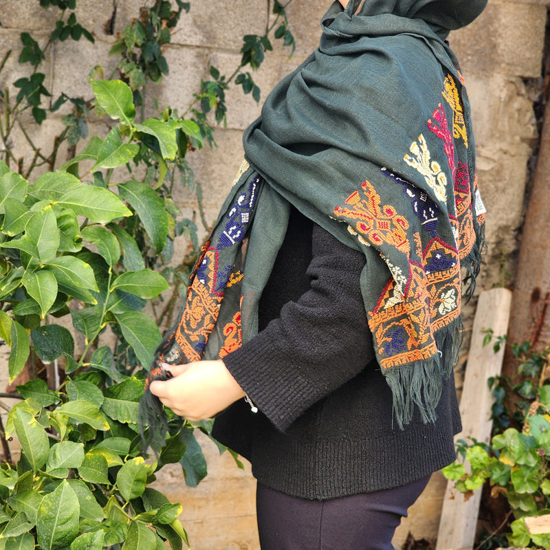 Hand Embroidered Shawl | Traditional Palestinian Tatreez on Navy Blue Rectangle