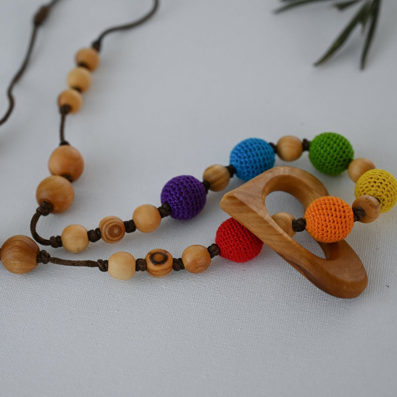 Nursing Necklace for Mamas and Babies - All Natural Olive Wood with Rainbow Colors and Heart